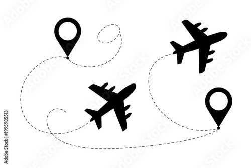 An illustration of airplanes flying along a dotted path between location markers.