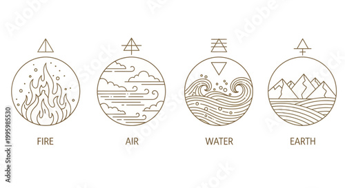 Elemental icons, earth, air, fire, water symbols, nature elements, vector illustrations