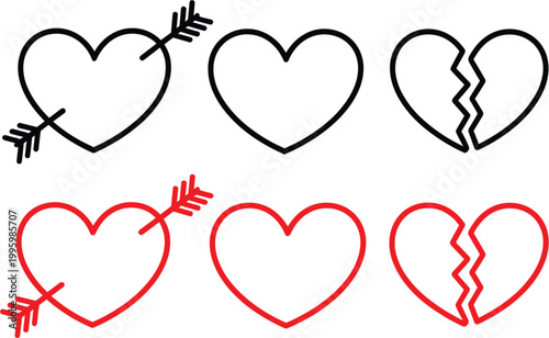 Heart outline icons set with arrow and broken shapes, love symbols collection vector illustration