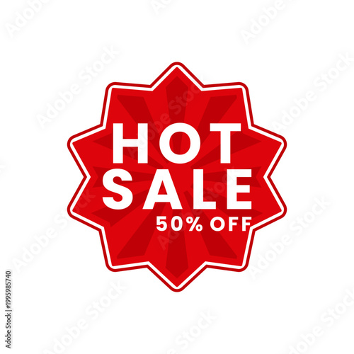 Red Hot Sale 50 Percent Off Promo Sticker and Discount Badge. Discount Sale Vector Icon