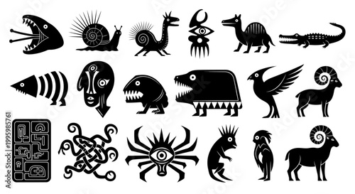 Black Aztec animal icons, vector set of 20, ancient symbols, wildlife illustrations