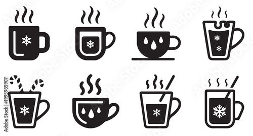 Set of cute winter hot drinks in mugs with snowflakes and steam icons.