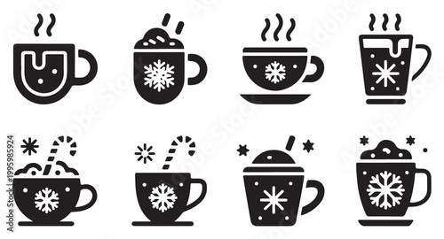 Cozy winter beverages collection with whipped cream, candy canes, and snowflakes.