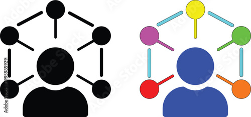 Abstract visualization of a person connected to multiple ideas or concepts represented by colorful nodes
