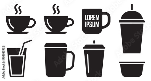 Collection of beverage containers including coffee cups, tumblers, and glasses.