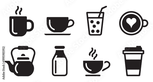 Variety of hot and cold drinks in cups, glasses, kettles and bottles.