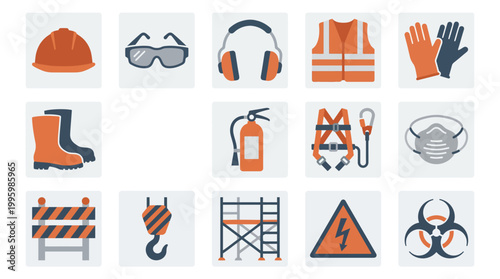 Vector Icons Industrial safety and construction equipment flat vector icons set. Vector Illustrations. EPS Editable