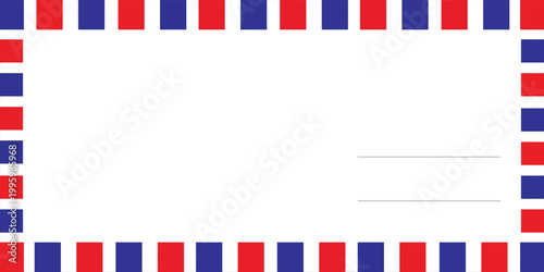 Airmail envelope frame with blue and red stripes on white background. International vintage letter border. Retro air mail postcard. Blank envelope. Vector illustration isolated on white background