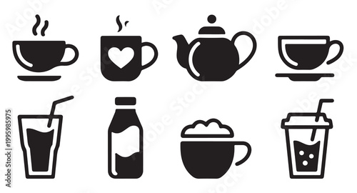 Set of various drink icons featuring coffee mugs teapot glass bottle and disposable cup.