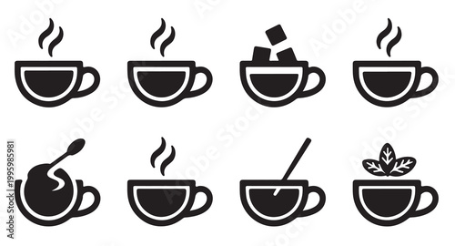 Collection of coffee cup icons with various preparation styles spoons sugar and tea leaves.