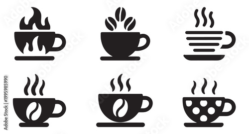 Graphic set of stylized coffee cups featuring burning fire beans layers and polka patterns.