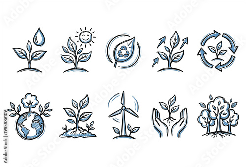 Plant Growing Icon Set – Hand Drawn Growth Nature Vector