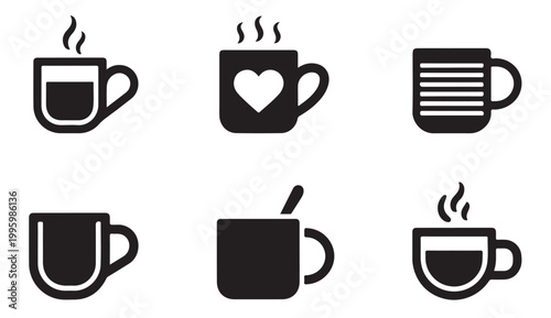 Black icons of cups and mugs filled with hot beverages and plain drinks on white.