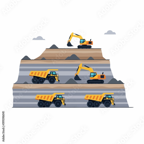 Heavy Construction Machinery Working on Mining Site.