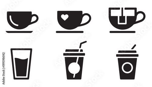 Various black icons for hot drinks and cold beverages in cups and glasses on white background.
