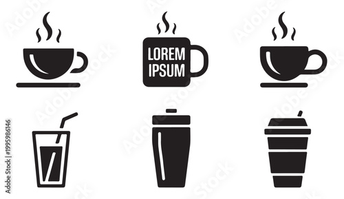 Collection of black icons representing various hot and cold beverages in cups and glasses.