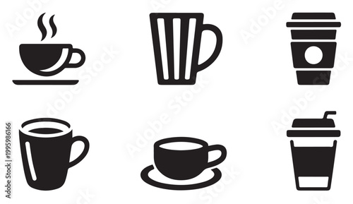 Set of black icons for hot beverages in cups, mugs, and takeaway cups on white background.