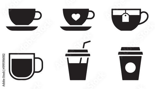 Set of black coffee cup icons for cafe menu or restaurant design and digital interface use.