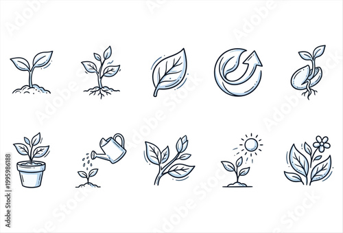 Plant Growing Icon Set – Hand Drawn Growth Nature Vector