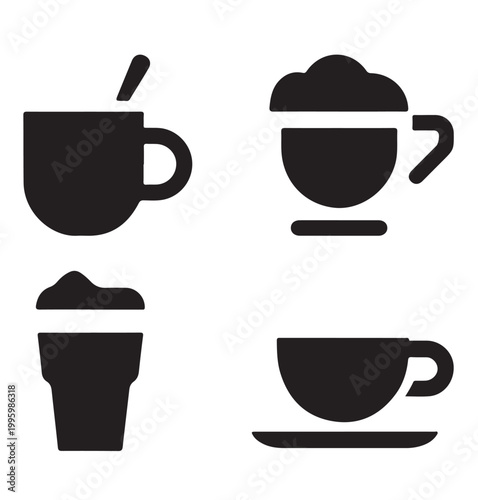 Coffee and latte icons set with various cup shapes including cappuccino and espresso mugs.