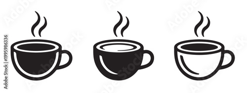 Coffee cups with steam icons collection for morning hot drinks.