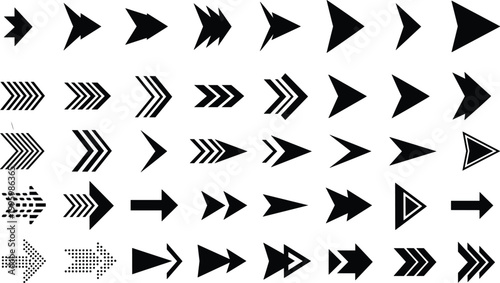 Arrow icons collection with different shapes and directions, black navigation symbols set including pointers, chevrons and arrows isolated on light background vector