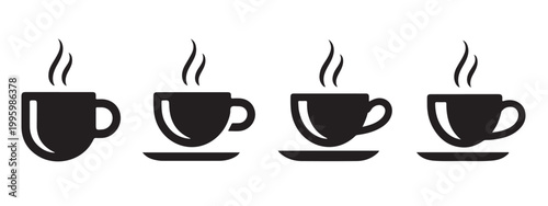 Four black coffee cups with steam on white background flat design vector icons.