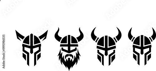 Viking and Spartan Warrior Helmet Silhouette Collection Featuring Horned Norse Headwear and Ancient Greek Battle Masks for Logo Design