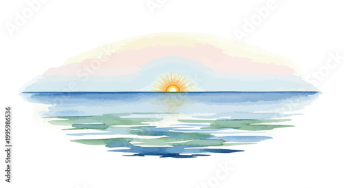 Watercolor sunrise over the ocean with reflection