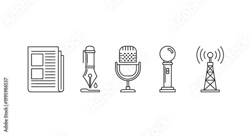 Icon set representing media and communication elements.