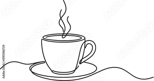 Continuous line drawing of a steaming cup of coffee on a saucer isolated on transparent background