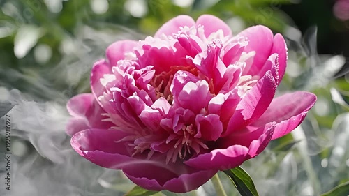 Close up of a vibrant pink peony flower with wisps of smoke.