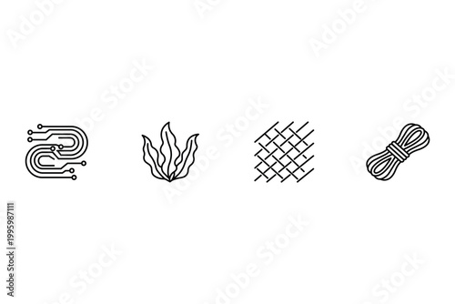 Fiber technology and textile innovation icon set featuring seaweed based fabric synthetic material weave and rope for sustainable fashion manufacturing.
