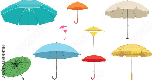 Umbrella vector set with rain parasol beach and sun umbrellas colorful weather protection accessories flat illustration collection