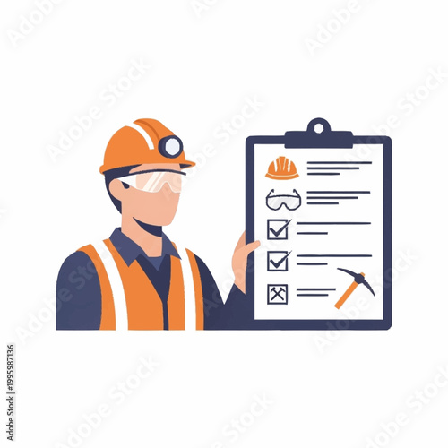 Miner holding clipboard with safety checklist and tools.