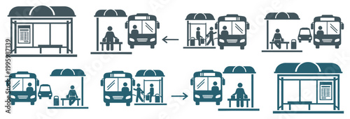 A visual guide illustrating the sequence of events at a bus stop, showing passengers waiting, boarding, and disembarking from a bus, along with the bus arriving and departing the stop.