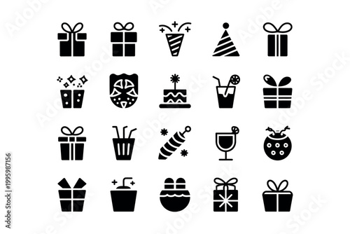 A collection of black and white icons representing gifts and festive items on a plain background