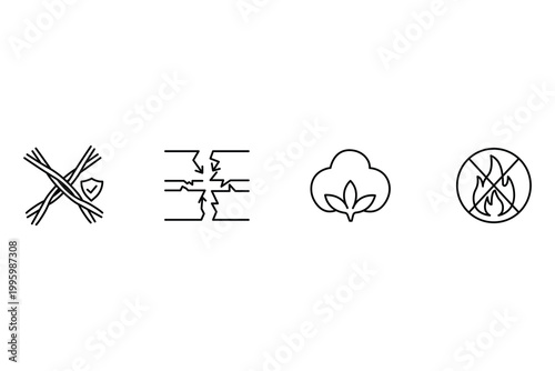 Fiber technology and textile innovation icon set featuring mushroom mycelium bamboo fibers cotton plant fire resistant materials and durable fabric manufacturing.