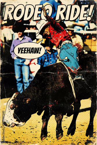 Bull rider on bucking bull with yeehaw speech bubble. Vintage pop art comic book illustration. Rodeo action and western heritage marketing concept.