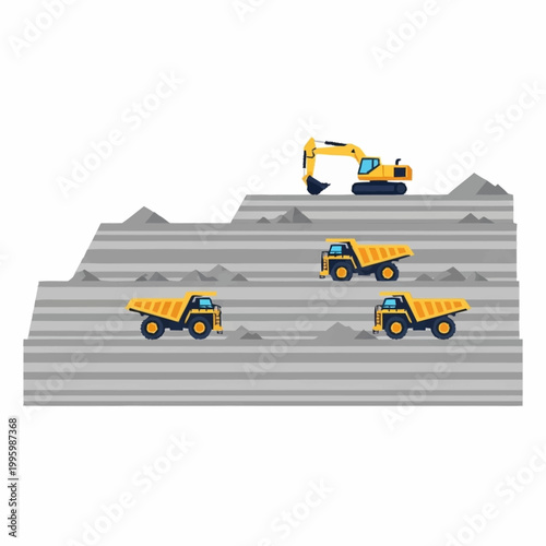 Mining excavators and dump trucks working in a quarry.