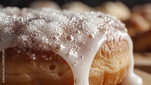 Close up of a delicious glazed donut with sparkling sugar sprinkles.