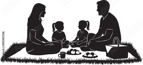 Silhouette of a family having a picnic with black and white, children playing