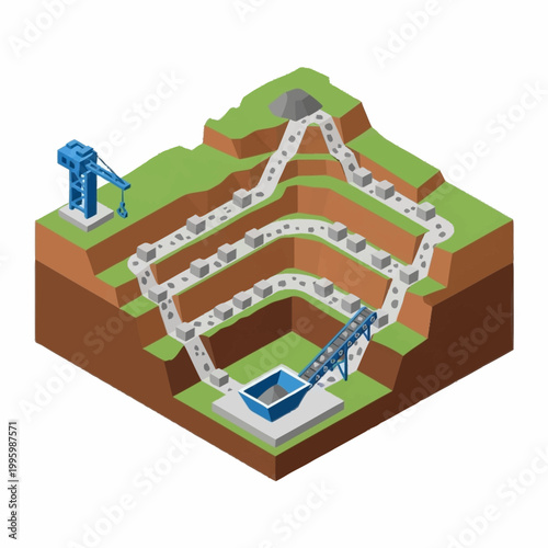 Open pit mine with extraction and processing equipment.