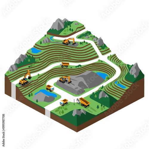Open Pit Mine With Heavy Machinery And Terraced Landscape.