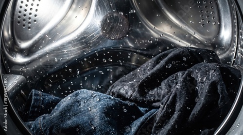 Wet dark clothes with water droplets inside washing machine drum