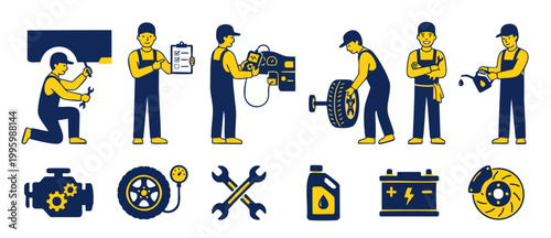 Car Mechanic Service Icons Set with Auto Repair Technicians and Automotive Parts Equipment Vector Illustrations for Garage Maintenance, Inspection, Oil Change, Tire Pressure, Engine and Battery Diagno