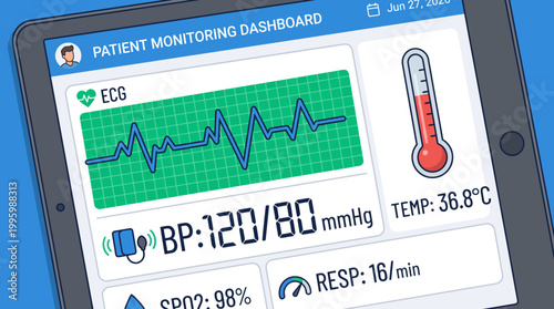 Digital health interface for remote patient monitoring displaying vital signs data on a tablet device, illustrating modern medical technology and healthcare management