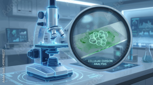 Microscope analyzing cellular division with a focus on microscopic biological structures and scientific research in a laboratory setting