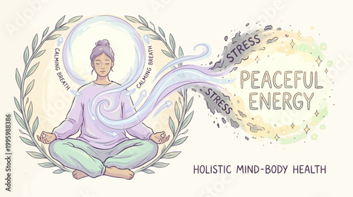 Holistic Mind-Body Health Illustration Peaceful Energy Flowing from Meditation to Combat Stress