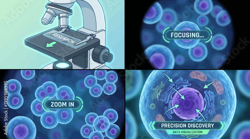 Microscope viewing cells, zoom, and discovery of biological processes under magnification